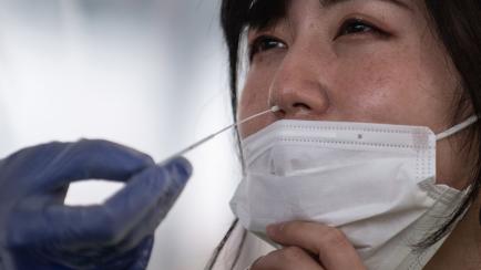 A doctor (L) in protective clothing and an official (R), playing the role of a patient in her car, conduct a demonstration of a drive-through polymerase chain reaction (PCR) swab test for the COVID-19 coronavirus in Fujisawa in Kanagawa prefectu...
