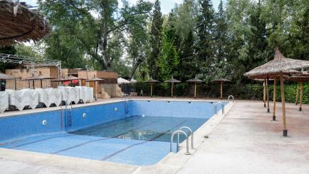 MADRID, SPAIN - APRIL 28: Slides and swimming pools of International Camping at the town of Aranjuez, closed due to Covid-19, and after  the Spanish Federation of Campings held a video call meeting with the Secretary of State for Tourism, Isabel...