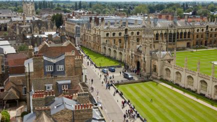 Elevated view of the skyline and spires of Cambridge and King's college