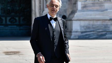 MILAN, ITALY - APRIL 12: Andrea Bocelli outside the Duomo Cathedral of Milan, before the start of the concert. On Easter day, the icon of Italian music in the world will perform alone to give a message of love during the coronavirus period. duri...