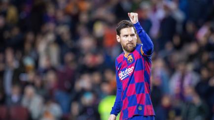 BARCELONA, SPAIN - March 7:  Lionel Messi #10 of Barcelona salutes the fans after scoring from the penalty spot during the Barcelona V Real Sociedad, La Liga regular season match at Estadio Camp Nou on March 7th 2020 in Barcelona, Spain. (Photo ...