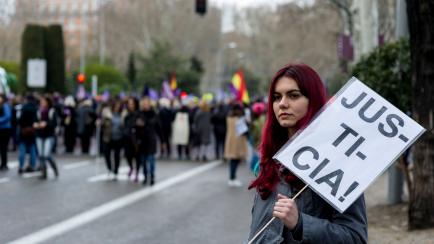 MADRID, SPAIN - MARCH 08:  Women demand equal working rights and an end to violence against women in Spanish society during a march to celebrate International Women's Day on March 8, 2018 in Madrid, Spain. Spain celebrates International Women's ...