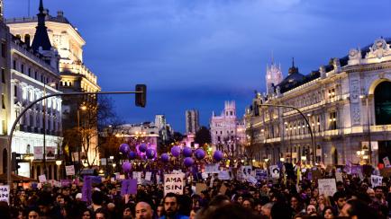 MADRID, SPAIN - MARCH 08: Protesters attend a demonstration during International Women's Day on March 08, 2020 in Madrid, Spain. Spain celebrates International Women's Day today with countless protests scheduled throughout the day across the cou...