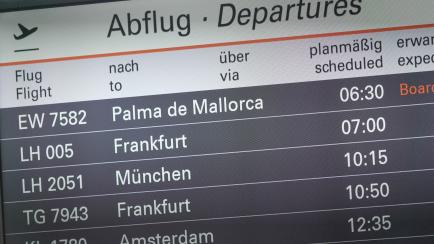 29 May 2020, Hamburg: On a display board in Terminal 1 at Hamburg Airport on the Friday before Whitsuntide, the destinations Palma de Mallorca, Frankfurt, Munich and Amsterdam, among others, will be shown. Due to the corona crisis, there are cur...