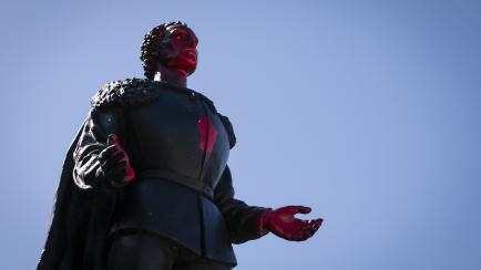 FLORIDA, USA - JUNE 11: A vandalized statue of Christopher Columbus is seen at Bayfront Park, after a protest on June 10 against George Floyd's death, police brutality and racial inequality in Miami, Florida, United States on June 11, 2020. (Pho...