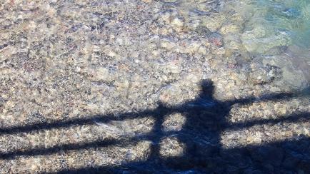 Shadow of an individual on a bridge looking at the water.