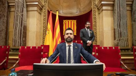 BARCELONA, SPAIN - JANUARY 27: The president of the parliament of Cataluña, Roger Torrent, looks on moments before starting the plenary session of the parliament of Cataluña in the same day in which the bureau has assumed the cession of Torra ...