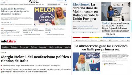 Varios titulares de distintos medios de comunicación sobre la victoria de Meloni en las elecciones italianas.
