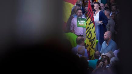 Macarena Olona, durante un mitin de Vox en Andalucía ante la presencia de Santiago Abascal