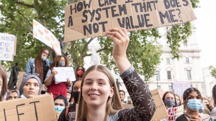 Youth protests at Parliament square against a new exam rating system which has been introduced in British education system - London, England on August 16. Nearly 280 thousand students saw their A-Level grades downgraded after the introduction of...
