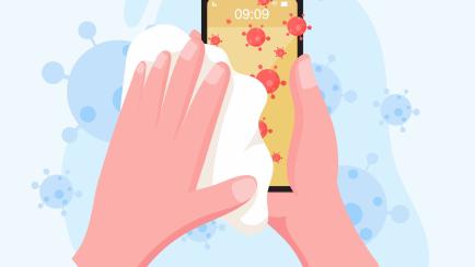 hand holding and cleaning mobile phone screen with a napkin in flat style. stay safe for protect coronavirus. covid-19 outbreaking and pandemic attack concept.