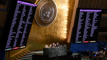 Vista general de la Asamblea de la ONU, el pasado miércoles en Nueva York, con los resultados de la votación de la resolución sobre Rusia. 