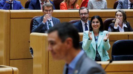Sánchez es aplaudido mientras Feijóo bebe agua en el debate en el Senado de este martes.