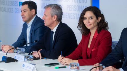 Isabel Díaz Ayuso junto a Juanma Moreno y Alfonso Rueda, en el Comité Ejecutivo Nacional del PP.