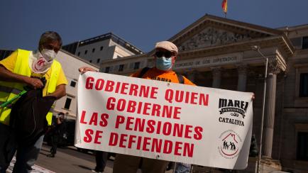 Retirees from all over Spain demonstrate in Madrid to defend "decent, public pensions with guarantees for the future" in front of the Congress of Deputies in Madrid, Spain on July 29, 2020. (Photo by Oscar Gonzalez/NurPhoto via Getty I...