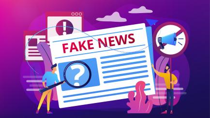 False information broadcasting. Press, newspaper journalists, editors. Fake news, junk news content, disinformation in media concept. Bright vibrant violet vector isolated illustration