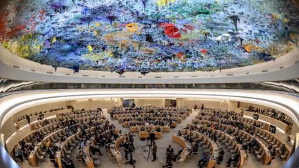 Vista general de la Sala XX que alberga la sesión especial del Consejo de Derechos Humanos de la ONU sobre Ucrania.