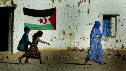 Saharawi woman and children walk past a Saharawi flag at Samra's refugee
camp, near Tindouf in southwestern Algeria, November 21, 2003. The Saharawi
Polisario, the Algerian-backed movement is campaigning for independence for
the mineral-rich ...