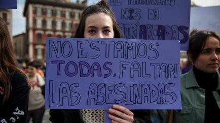 PAMPLONA, NAVARRA, SPAIN - 2020/03/08: A woman holding a placard saying, We are not all missing the murdered, during the demonstration.
Hundreds of women have gathered in Pamplona in favour of free and feminist women, with posters and shouting a...