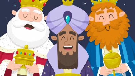 Funny portrait of Three Wise Men, the three Kings. Melchior, Gaspard and Balthazar smiling and bringing presents for Jesus. Vector illustration.
