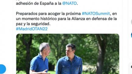 Tuit de Pedro Sánchez sobre su encuentro con Jens Stoltenberg, secretario general de la OTAN.