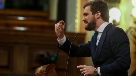 MADRID, SPAIN - OCTOBER 29: The leader of the PP, Pablo Casado, intervenes during a plenary session in which the government asks Congress to extend the state of alarm due to the health crisis in Covid-19, in Madrid, Spain, on Tuesday, October 29...