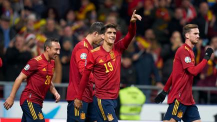 MADRID, SPAIN - NOVEMBER 18: Gerar Moreno  of Spain celebrates his second goal during the UEFA Euro 2020 Qualifier between Spain and Romania on November 18, 2019 in Madrid, Spain. (Photo by Quality Sport Images/Getty Images)