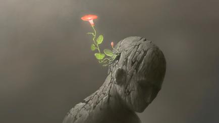 freedom hope spiritual and dream concept painting, red flower grow up on broken human sculpture, artwork