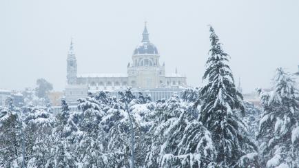 View of the Almudena Cathedral snowy during the Filomena Storm on January 09, 2021 in Madrid, Spain.