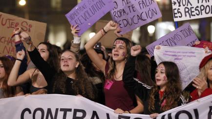 Women take part in a demonstration to mark the International Day for the Elimination of Violence against Women in Barcelona on November 25, 2019.  
 (Photo by Urbanandsport/NurPhoto via Getty Images)
