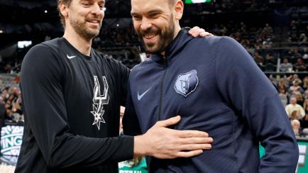 SAN ANTONIO, TX - JANUARY 5: Pau Gasol #16 of the San Antonio Spurs talks with his brother Marc Gasol #33 of the Memphis Grizzlies before an NBA game held January 5, 2019 at the AT&T Center in San Antonio, Texas. NOTE TO USER: User expressly ack...