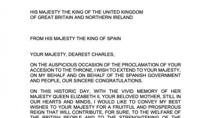 Mensaje de felicitación del rey Felipe VI a Carlos III por su proclamación.