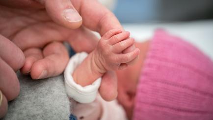 Closer look of a newborn baby girl's tiny hand holding on to an index finger of an adult in Oslo, Norway.