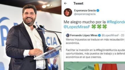 López Miras, junto al tuit de Esperanza Gracia al que ha respondido.