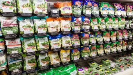 Varias ensaladas de bolsa, en los estantes de un supermercado.