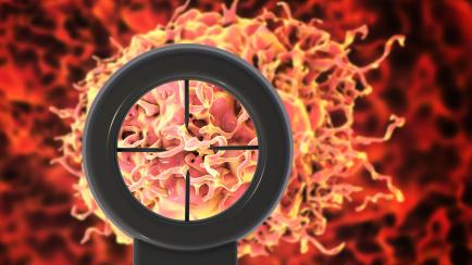 Anticancer treatment. Conceptual illustration showing optical sight direct on cancer cell.