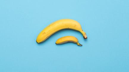 baby banana compare size with banana on blue background. size penis concept