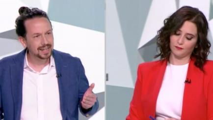 Pablo Iglesias e Isabel Díaz Ayuso en el debate de Telemadrid, emitido por TVE.