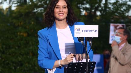 La candidata del PP a las elecciones del 4M, Isabel Díaz Ayuso, en un mitin en Pinto