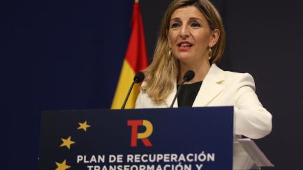 La vicepresidenta tercera y ministra de Trabajo y Economía Social, Yolanda Díaz, en una presentación del plan de recuperación. 