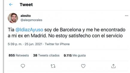 El tuit de un ciudadano de Barcelona dirigido a Ayuso.