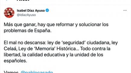 Un tuit de Isabel Díaz Ayuso.