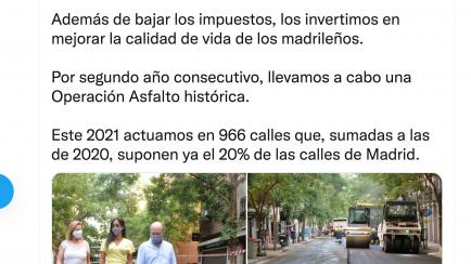 Tuit de Begoña Villacís alardeando de "Operación Asfalto histórica".
