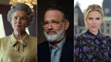Imelda Staunton como Isabel II, Tom Hanks y Scarlett Johansson