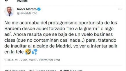 El tuit de Javier Maroto al que respondió Carlos Bardem.