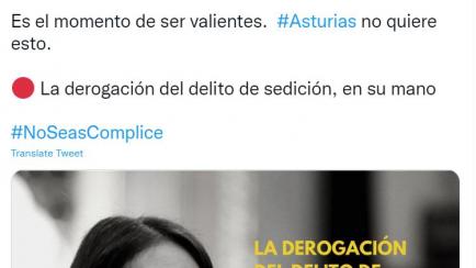 Captura de pantalla con el tuit del PP de Asturias interpelando a Adriana Lastra.