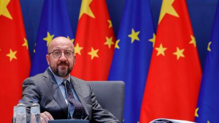 Charles Michel, el pasado abril en Bruselas, durante un encuentro digital con Xi Jinping.