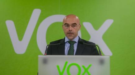 MADRID, SPAIN - JULY 12: The member of the VOX National Executive Committee and spokesperson for the Political Action Committee, Jorge Buxadé, offers a press conference during the election night of July 12 at the party headquarters, where he fo...