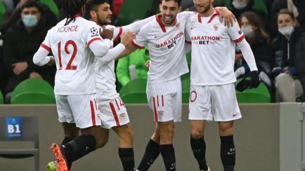 Sevilla's players celebrate after scoring a goal during the UEFA Champions League Group E second-leg football match between FK Krasnodar and Sevilla FC at the Krasnodar Stadium in Krasnodar on November 24, 2020. (Photo by Kirill KUDRYAVTSEV / AF...