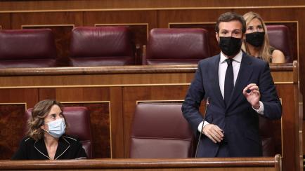 MADRID, SPAIN - SEPTEMBER 30: The president of PP, Pablo Casado, during a new government control session in the Congress of Deputies on September 30, 2020 in Madrid, Spain. In this session, the Partido Popular is calling on the government to mak...